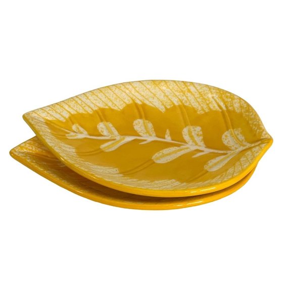Vintage Leaf Plate Trinket Dish Trays Laurie Gates Yellow Ceramic 6.75" x 4.75" - Picture 2 of 4